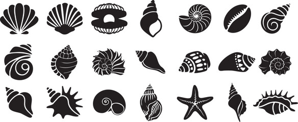 Seashell silhouette collection featuring minimal black vector icons of ocean shells and starfish. Modern flat design perfect for beach themes, summer branding, coastal decor, and marine projects. © Sajjit