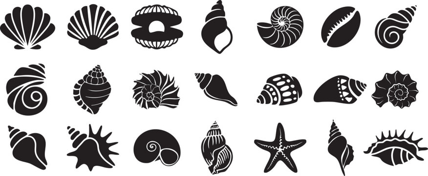Seashell silhouette collection featuring minimal black vector icons of ocean shells and starfish. Modern flat design perfect for beach themes, summer branding, coastal decor, and marine projects.