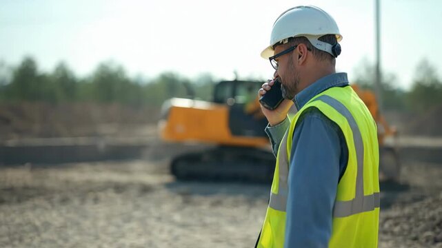 建設現場でヘルメットをかぶった作業員が無線でコミュニケーションを取っている。建設業務の安全管理、チームワークやプロジェクト管理のコンセプトに役立つ