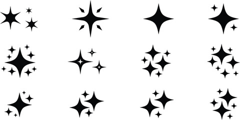 Black sparkle star glyph icon set with twinkle shapes for decorative design and shine symbol vector pack © Md Raj