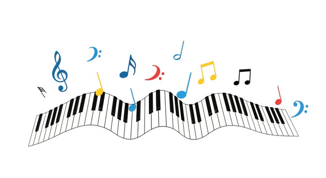 Piano keys arranged in a wavy, rhythmic pattern float alongside colorful musical notes to symbolize the creative flow of melody and harmony.