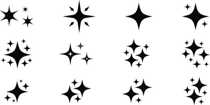 Black sparkle star glyph icon set with twinkle shapes for decorative design and shine symbol vector pack