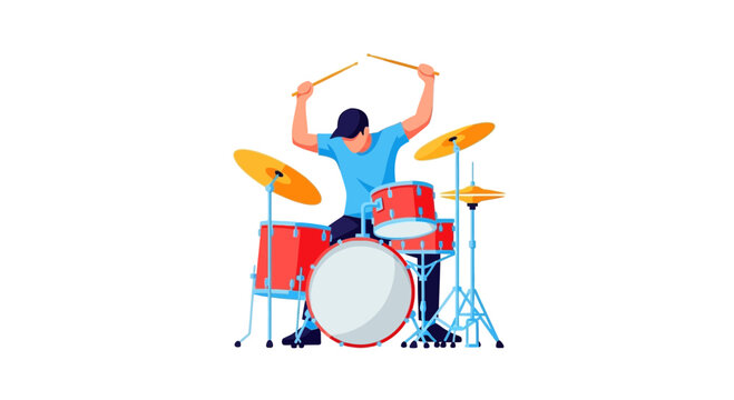 Drummer plays a vibrant red drum kit set against a clean white background, showcasing musical talent and rhythm in a stylized artistic illustration.