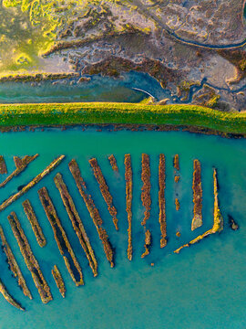 Aerial view of geometric salt marshes and turquoise water channels in a coastal lagoon in Friuli-Venezia Giulia, Italy.