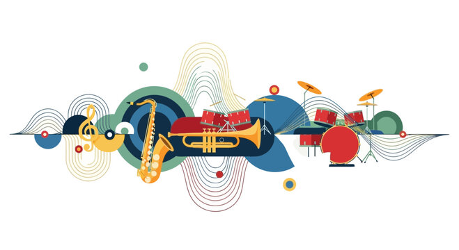Jazz band instruments including a saxophone and drums are arranged in a dynamic composition to represent musical energy.