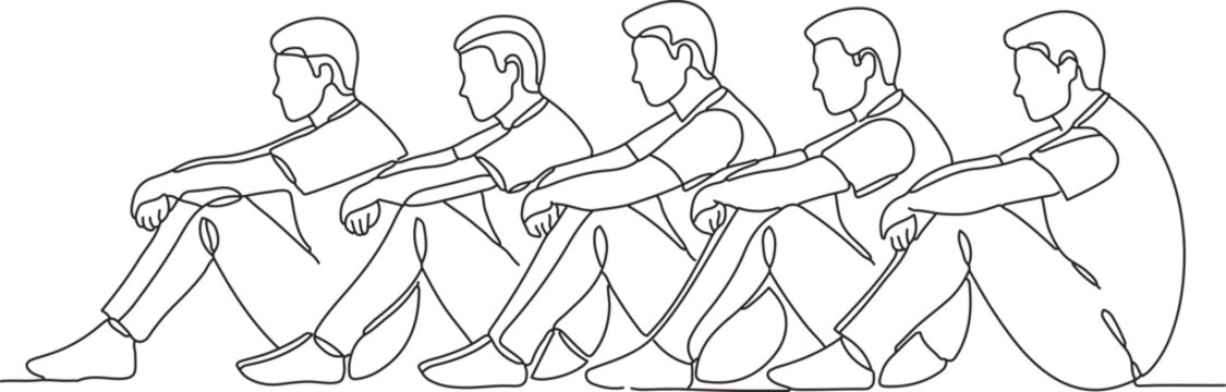 Continuous line of five people holding hands in a circle continuous line five people line monochrome