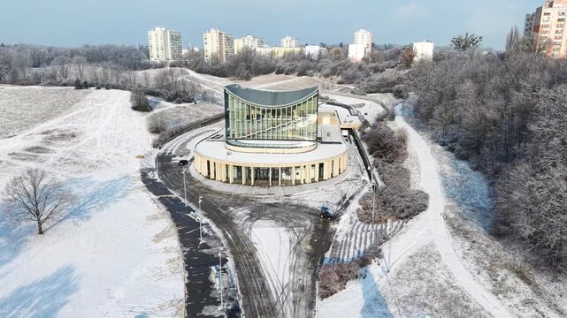 Gorzow Philharmonic aerial view in winter season. Officially known as the Centre for Artistic Education is a premier musical institution in Gorz&oacute;w Wielkopolski, Poland, established in 2011
