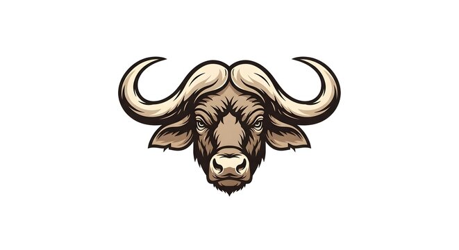Majestic African Buffalo Head Illustration with Powerful Horns.