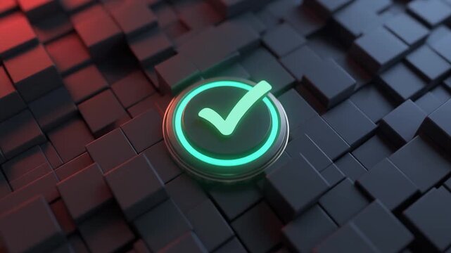 A glowing green checkmark icon set against a dark, textured background representing success, approval, and completion of a task or goal in a digital or technological context