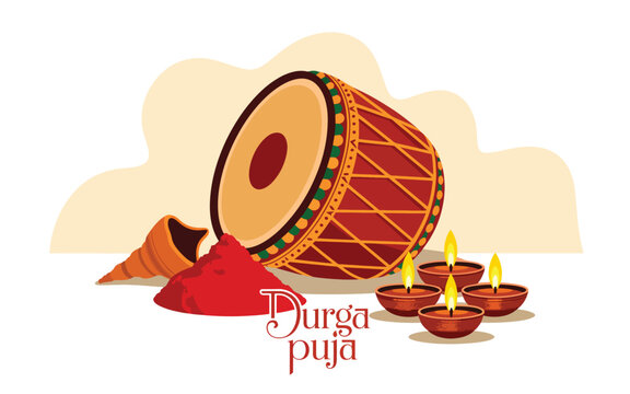 Durga puja with dhak drum, conch shell, red sindoor powder, and lit clay oil lamps diya
