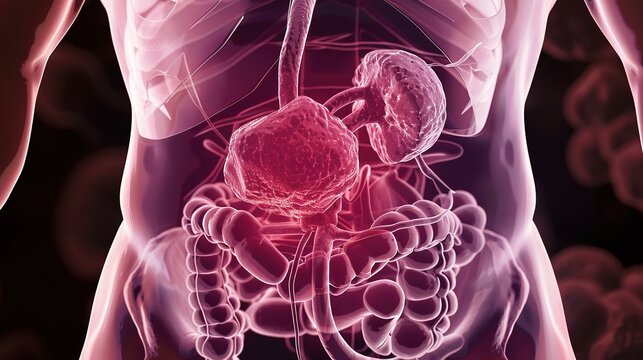 Medical illustration of bladder cancer focusing on urinary tract tumor pathology, cystoscopy diagnosis, clinical staging and comprehensive treatment for urological oncology research and education