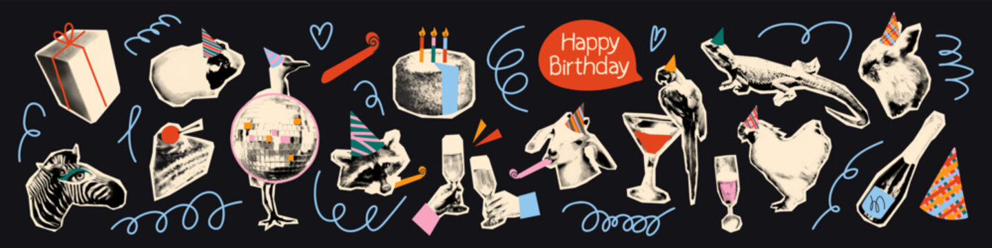 Animals birthday party halftone art collage elements set. Playful dotted stickers with funny doodles Disco ball, cake, clinking glasses. Humor pets holiday celebration Modern retro vector illustration