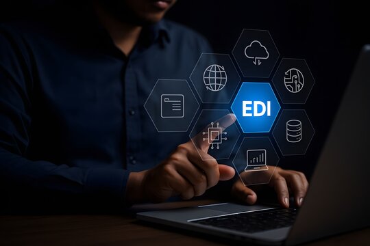Man interacts with a digital interface on a laptop for edi data exchange