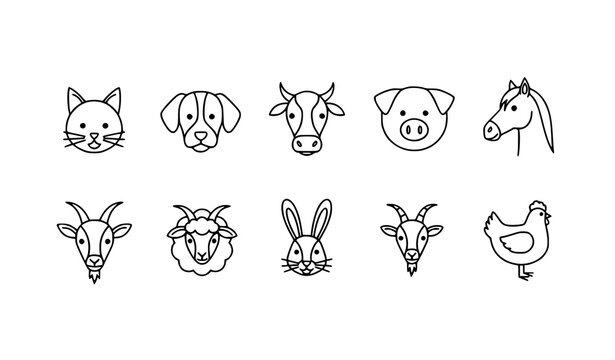 Farm and domestic animal line icon set with cat dog pig horse and more minimal black and white vector collection isolated on white