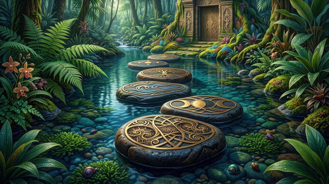 Stepping stones with golden celtic symbols across a calm forest stream leading to a stone door