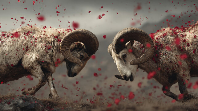 Two wild sheep with curled horns are running towards each other with red petals falling.