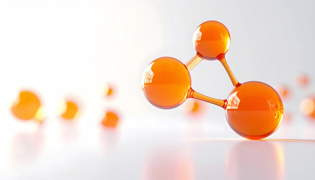 ビタミンと&beta;-カロテンをイメージしたオレンジの美容成分分子3Dビジュアル、抗酸化ケアを表現した先端スキンケア背景 Orange cosmetic molecule 3D visual inspired by vitamins and beta carotene, advanced skincare background expressing antioxidant care