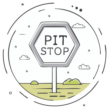 Doodle Illustration: Hexagon Pit Stop Sign with Clouds and Green Landscape