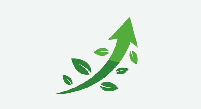 Green arrow curving upwards with fresh leaves, symbolizing environmental growth, sustainability, and eco-friendly progress.
