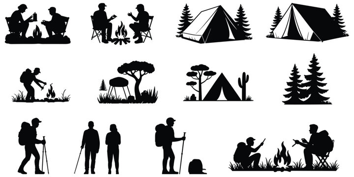 Camping and outdoor silhouette illustration set, hiking campfire artwork, adventure lifestyle vector, forest nature composition, travel activity illustration