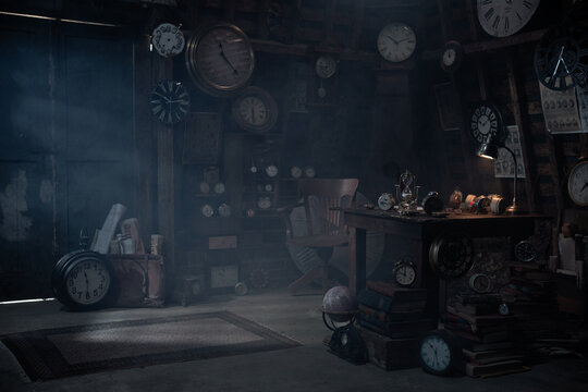 Mystical attic room with vintage clocks and empty chair, dark fairy tale atmosphere background with copy space