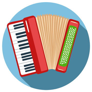 Vibrant Red Accordion Icon with Long Shadow Flat Design Musical Instrument