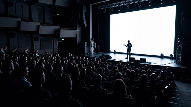 Male keynote speaker silhouetted on stage presenting to a large audience against a giant glowing blank screen template in a dark corporate auditorium