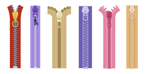Fototapeta premium Zipper. Clothes fashioned tools exact vector cartoon colored zipper
