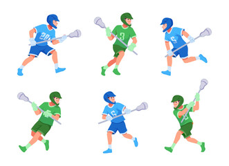 Obraz premium Lacrosse. Sport characters in action poses playing in dynamic lacrosse game exact vector cartoon illustrations