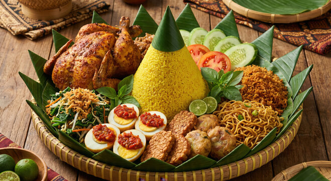 Traditional indonesian tumpeng yellow rice cone served with chicken and side dishes