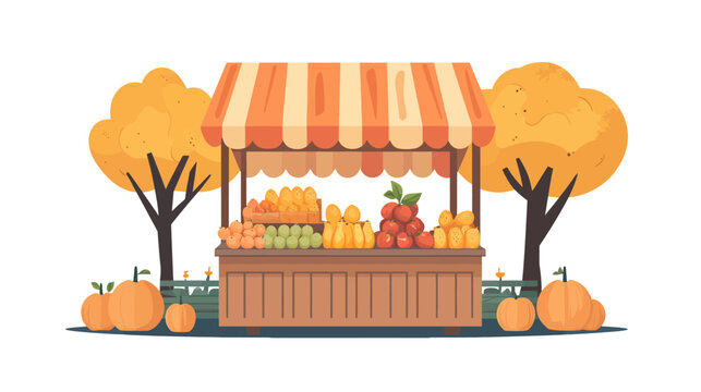 Colorful illustration of a fruit and vegetable stand under an autumn-toned canopy, with trees