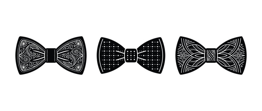 Three detailed black bow tie icons with intricate patterns on transparent background.