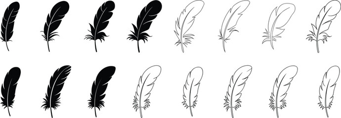 Set of black feather icons and outline sketches isolated on white background, decorative quill illustrations collection for design © MISBIJLY
