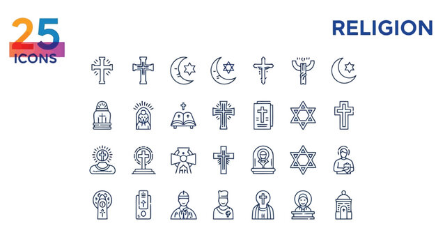 Collection of twenty-five icons representing diverse global religious symbols and figures