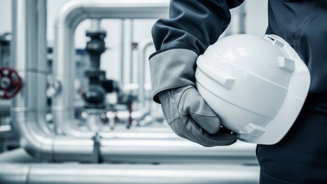 Industrial worker in uniform holding safety helmet, standing amidst factory pipes.
