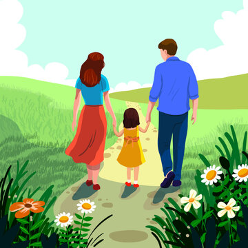 Happy Family Walking Together in Green Meadow for Mental Wellbeing and Outdoors Activity