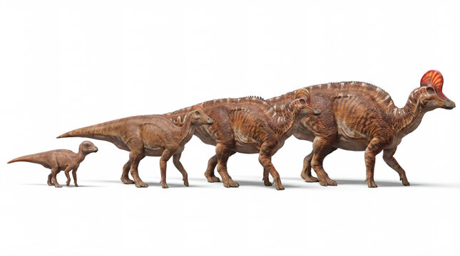 Corythosaurus casuarius growth stages isolated on white background, detailed reconstruction showing development from juvenile to adult with crested hadrosaur anatomy.
