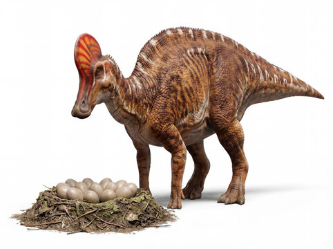 Corythosaurus casuarius nest with eggs isolated on white background, detailed prehistoric scene showing nesting behavior and reproductive stage of a crested hadrosaur.

