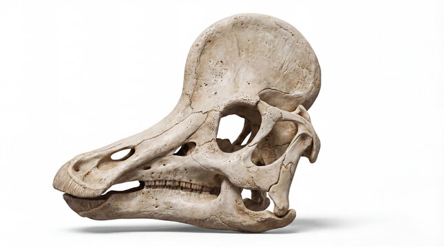 Corythosaurus casuarius skull isolated on white background, detailed scientific reconstruction highlighting crest structure and hadrosaur bone anatomy.
