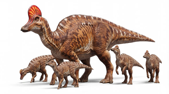 Corythosaurus casuarius with juveniles isolated on white background, detailed prehistoric scene showing family group and social behavior of a crested hadrosaur.
