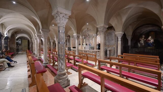 Modena, italy, april 11, 2026. Historical crypt of the modena cathedral, a romanesque masterpiece and unesco world heritage site, containing the tomb of saint geminianus