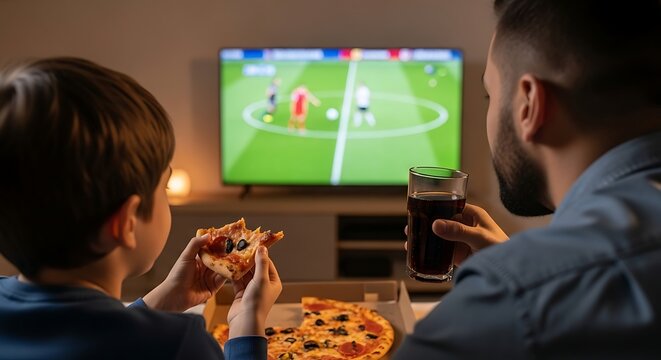 A man and a boy watching a soccer game on TV while eating pizza and drinking soda