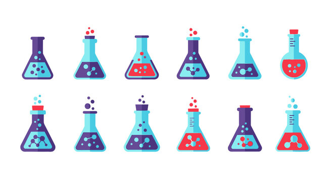 Collection of Colorful Science Laboratory Flasks with Bubbling Liquids.