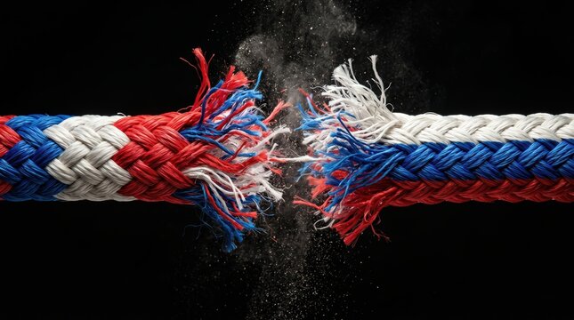 Tension and rupture between France and Russia represented by a fraying rope with flag textures