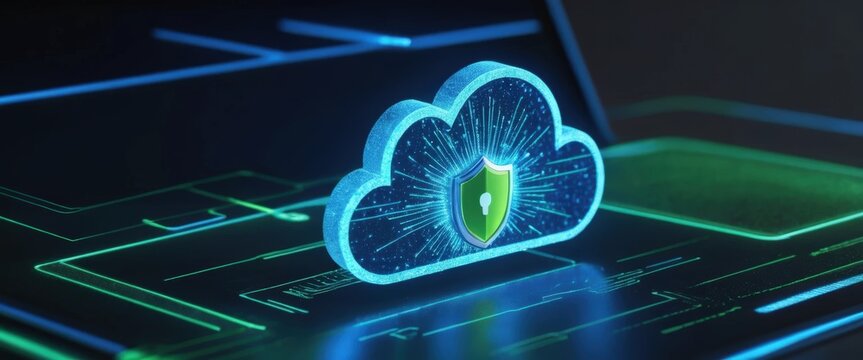 Cloud security system with shield and lock graphic showing protection of data on device