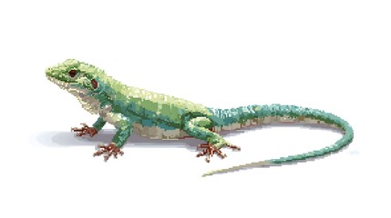 Fototapeta premium Green Lizard Reptile Pixel Art Illustration on White Background Isolated