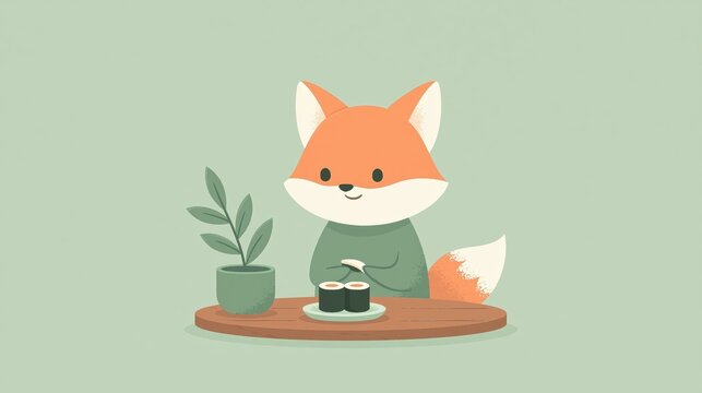 Minimalist illustration of a charming fox enjoying sushi at a wooden table.