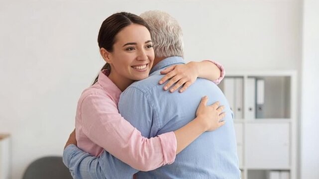 Young woman warmly embraces an elderly man, smiling gently, home environment, family love, emotional connection, generational bond, care moment, happy family