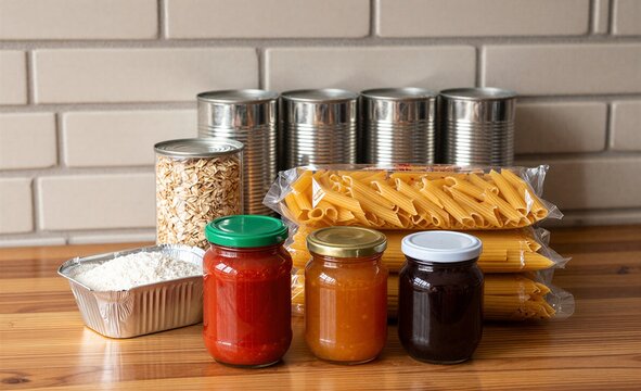 Pasta canned goods jars of sauce and honey on wooden table.