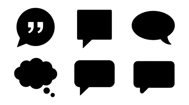 Black speech bubble icons, 6 chat box vector silhouettes, talk and thought bubbles